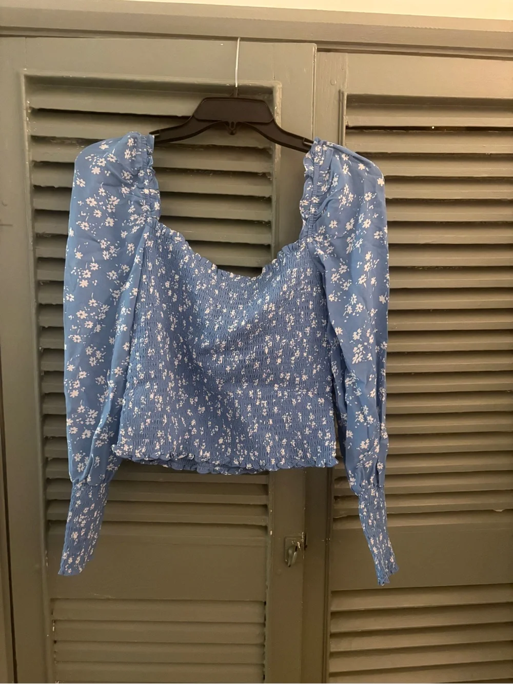 Reformation Blue Smocked Square-Neck Blouse